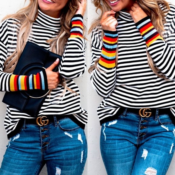 Sweaters - LAST 1! Striped turtleneck sweater rainbow sleeves